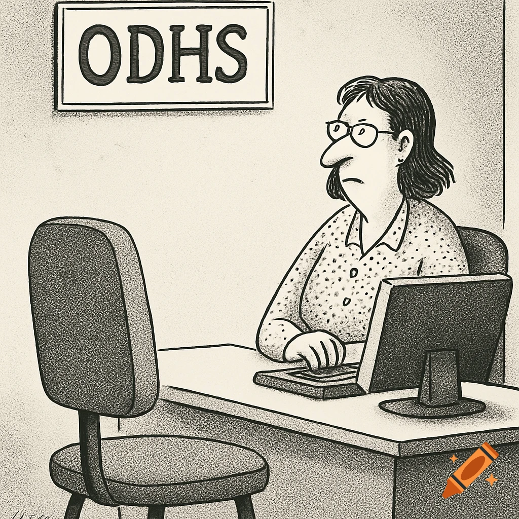 A gray-toned, Larsonesque cartoon of a female office worker with glasses and a large nose, sitting at a desk with a computer, looking intently at an empty chair. A sign on the wall reads ODHS.