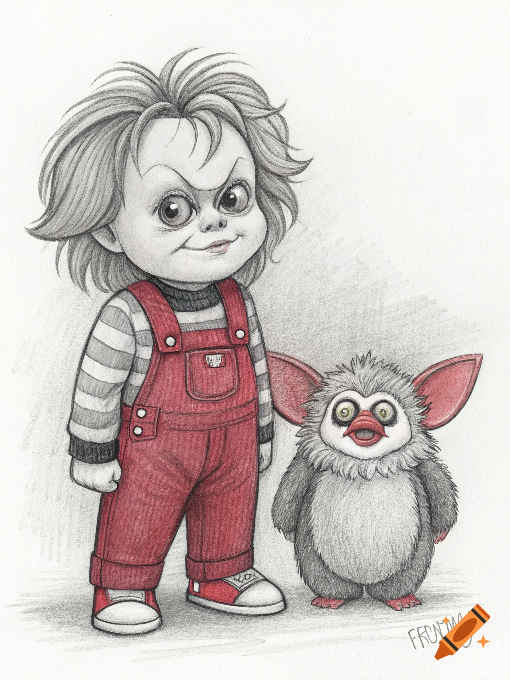 Stylized pencil drawing of Chucky in red overalls standing next to a small, furry creature with large ears and wide eyes. The drawing is in black and white with red accents.