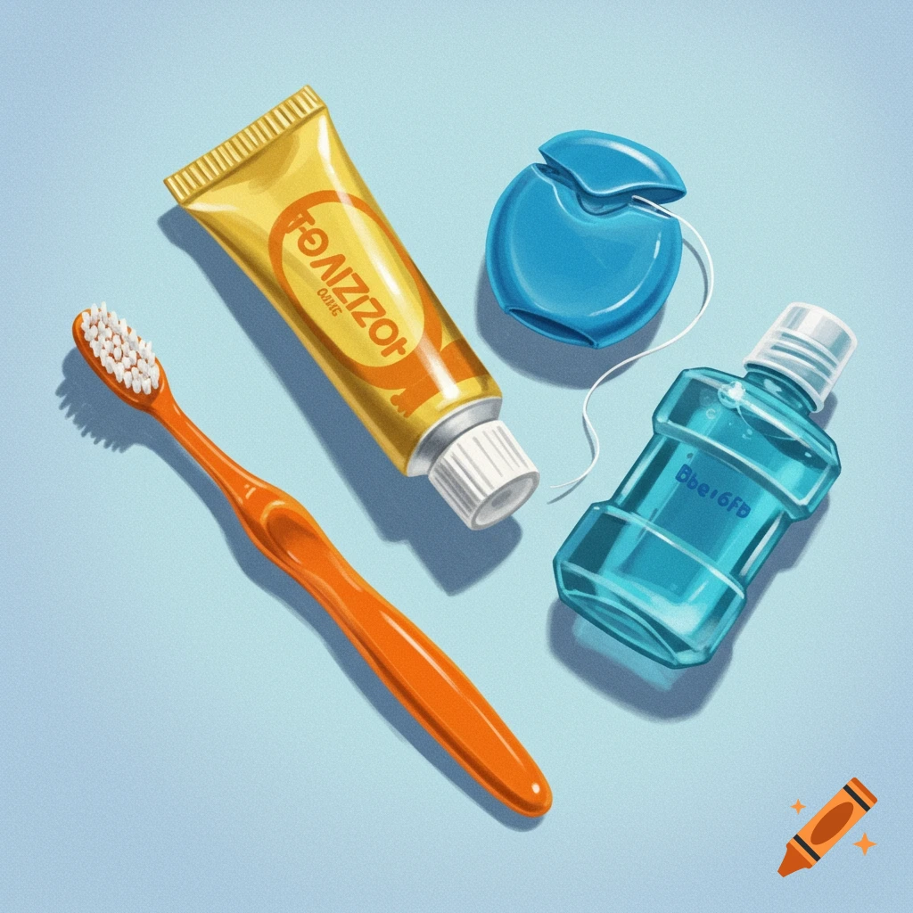 An orange toothbrush, yellow toothpaste tube, blue dental floss container, and blue mouthwash bottle on a light blue background, illustrated in a clean, crisp style.
