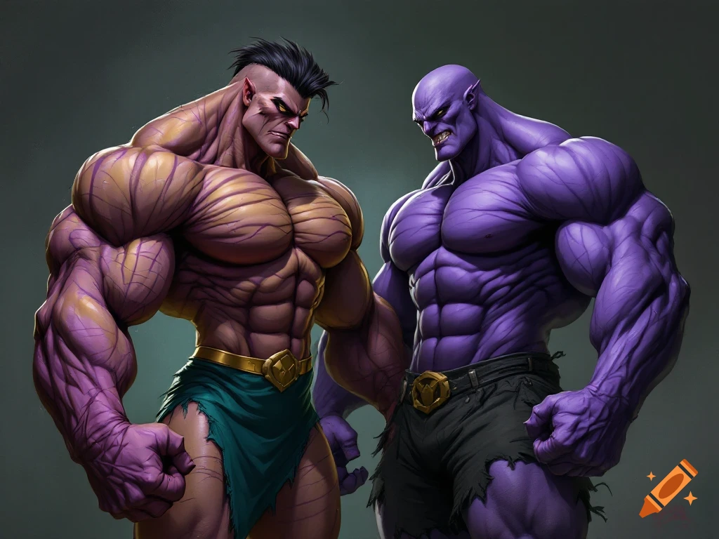 Two muscular, monstrous figures, one golden with purple veins and one purple, flex intensely in a comic book style.
