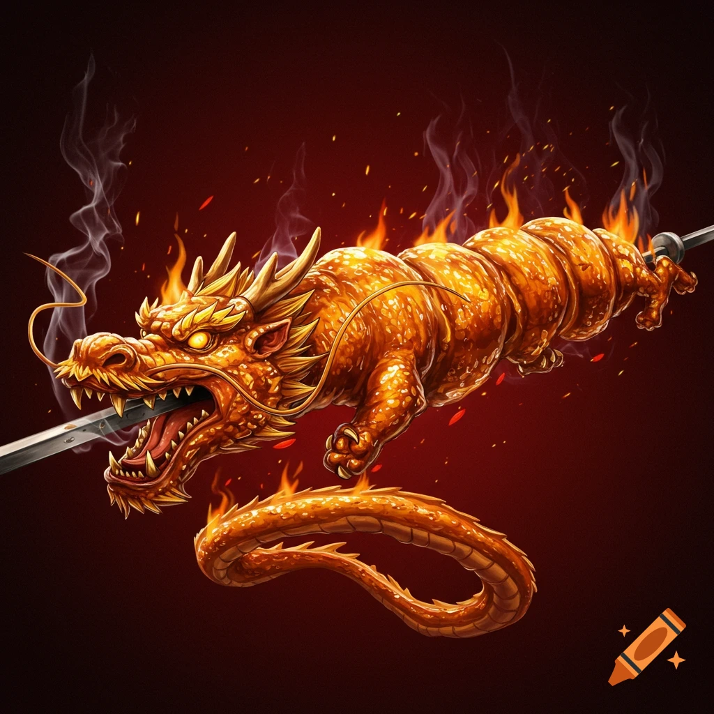 A golden, roasted Chinese dragon on a rotisserie skewer, surrounded by fire and smoke, against a dark red background.