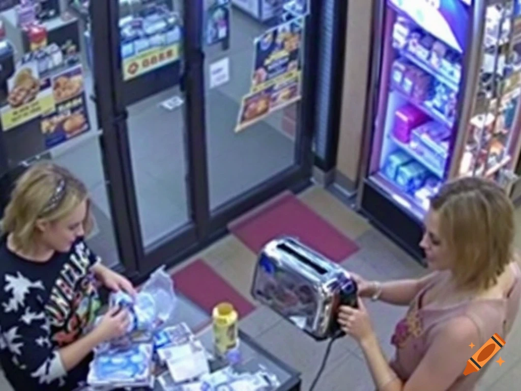 Two women inside a store as seen from a security camera. One woman holds a toaster, the other looks into a package.