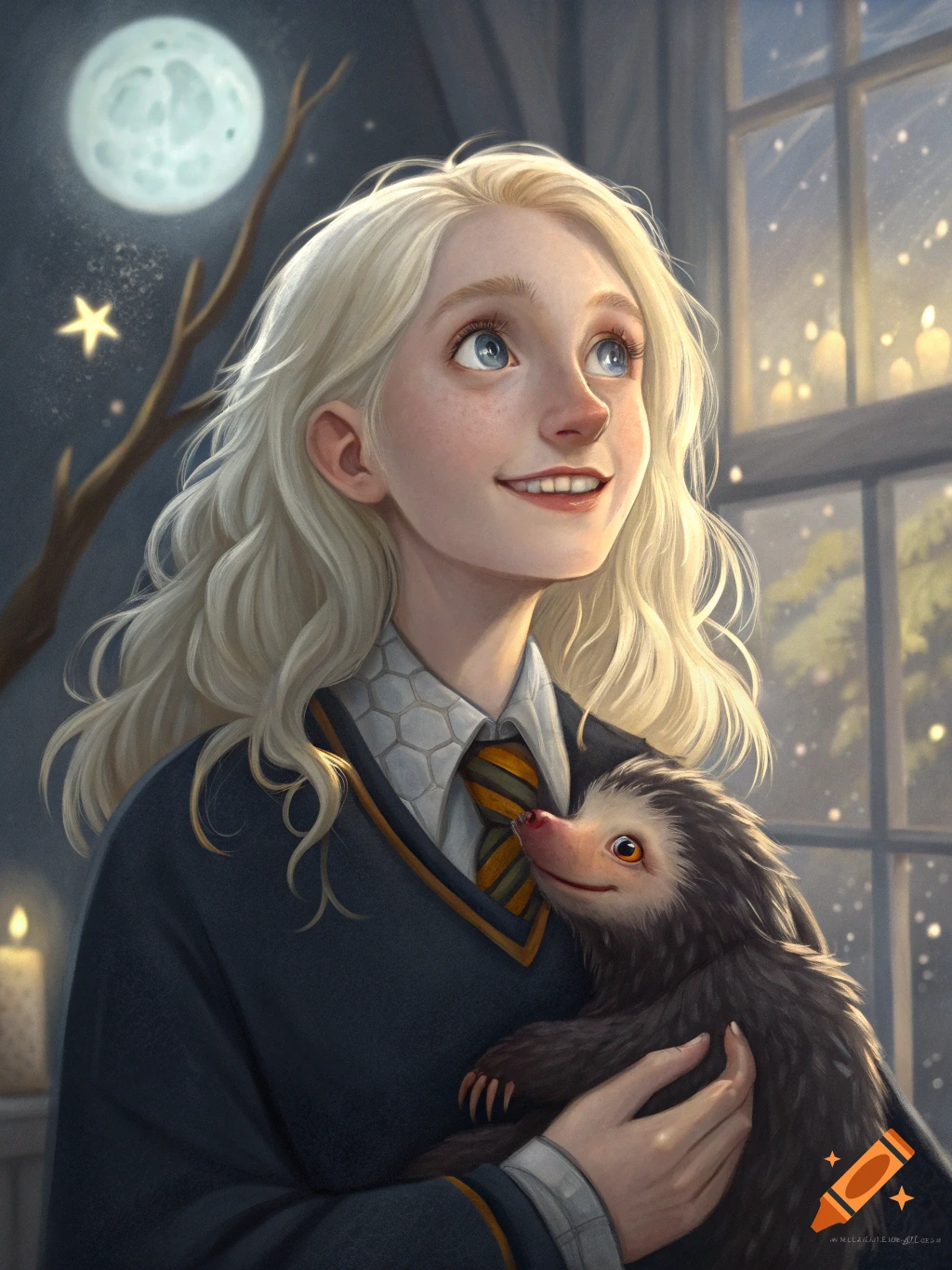 A smiling blonde woman in a school uniform holds a furry niffler creature, looking up under a full moon and starry sky near a candlelit window.