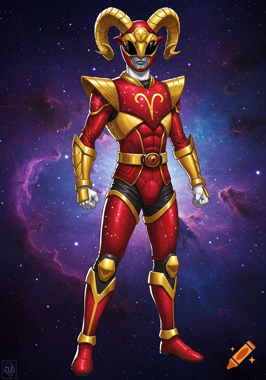 Red and gold Power Ranger-style suit with ram horns and Aries symbol on chest, standing against a galaxy background.