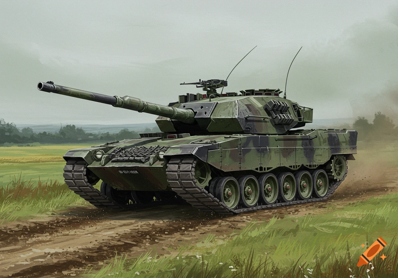 A Leopard 1 tank in camouflage drives on a dirt path through a green field under a cloudy sky, in a realistic painted style.