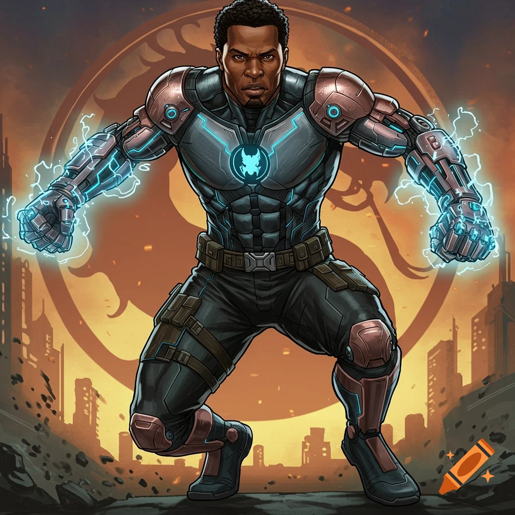 Comic book illustration of a powerful dark-skinned superhero in an armored suit, glowing with blue electricity.