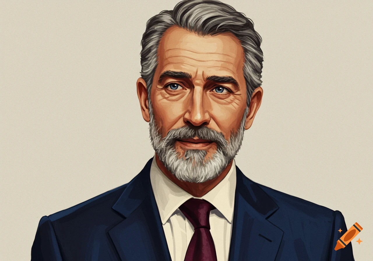 An illustrated portrait of an older man with gray hair and beard, wearing a dark suit and tie.