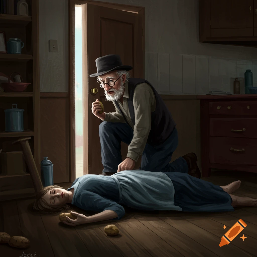 An elderly man kneels over a young woman lying motionless on a wooden floor in a dimly lit room, holding a potato, in a realistic art style.