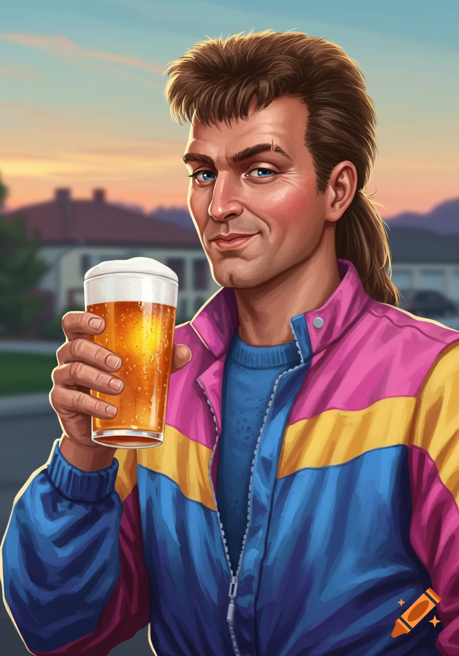 An illustrated man with a mullet in a colorful shell suit holding a glass of beer at sunset.