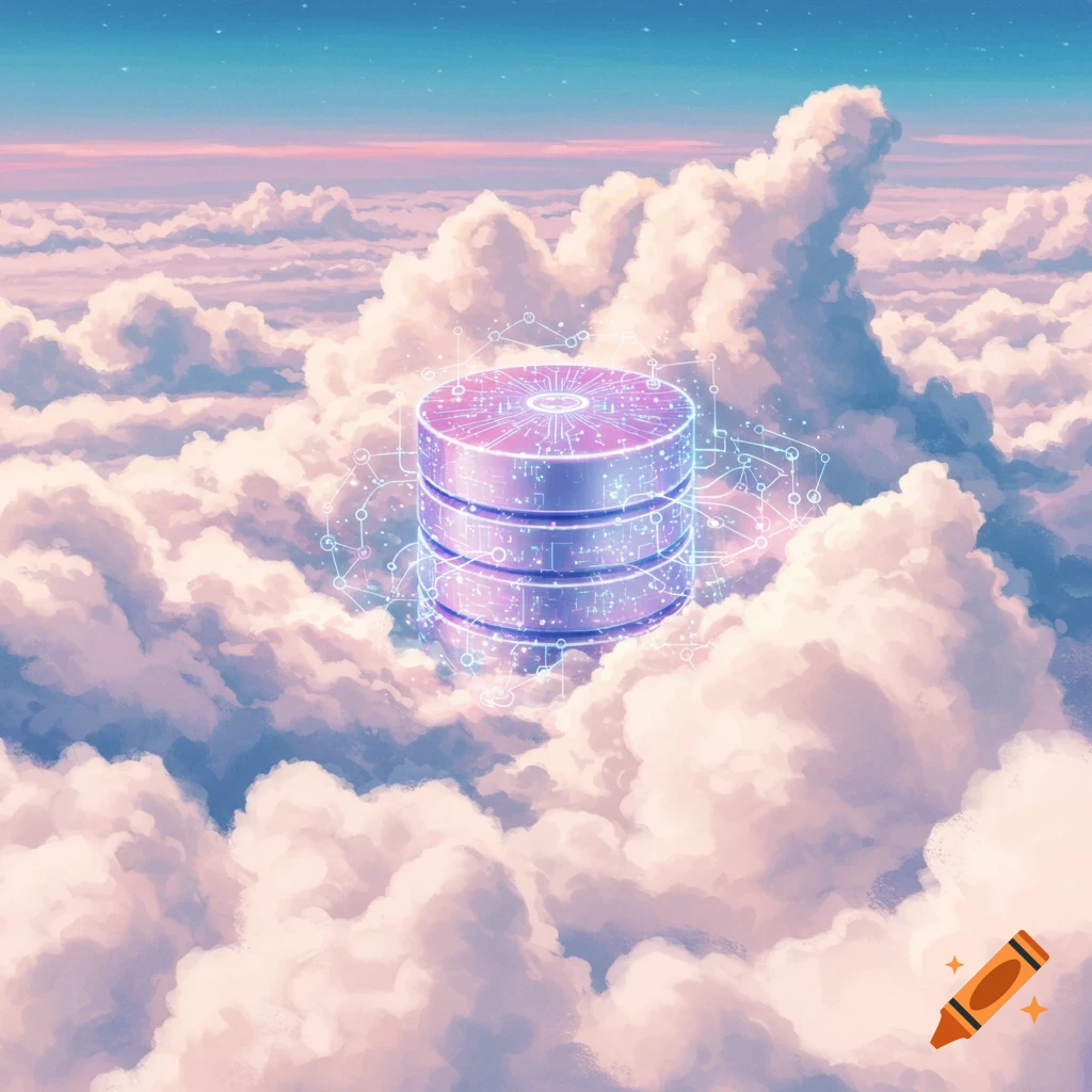 A stylized glowing database server floats among fluffy pink and blue clouds.