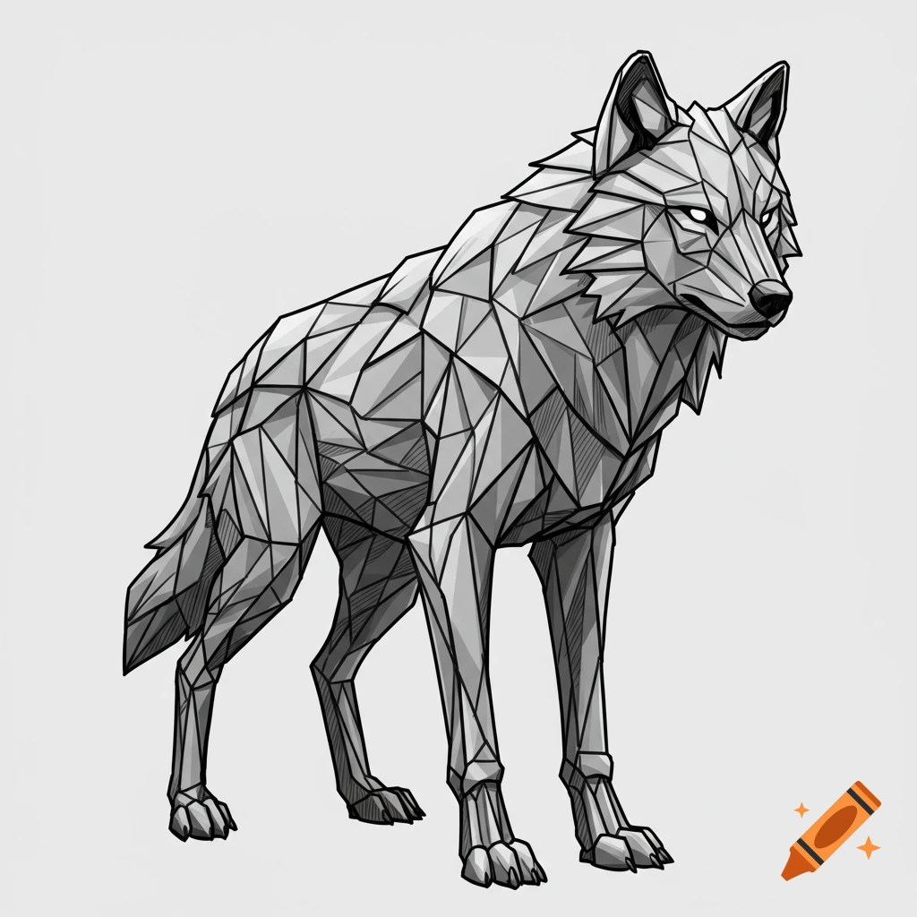 A grayscale polygonal illustration of a wolf standing, facing right with glowing eyes.