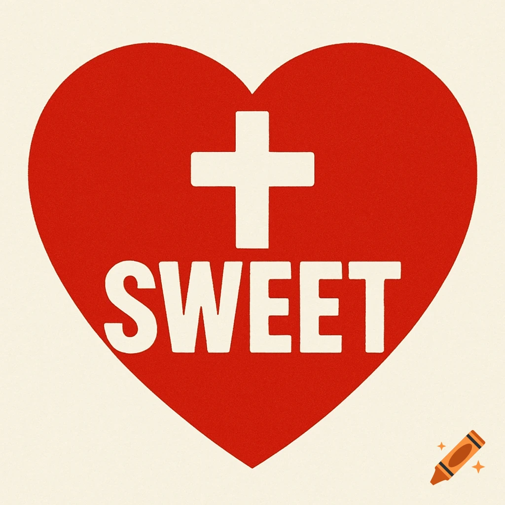 A red heart with a white cross and the word SWEET inside, on a cream background, with a grainy texture.