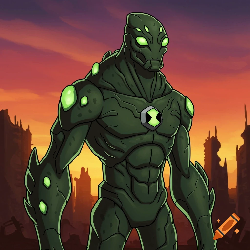Cartoon green alien with glowing eyes and an Omnitrix symbol stands in a ruined city at sunset.