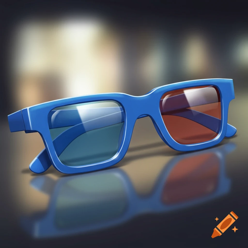 A pair of blue 3D glasses with red and blue lenses resting on a reflective surface.