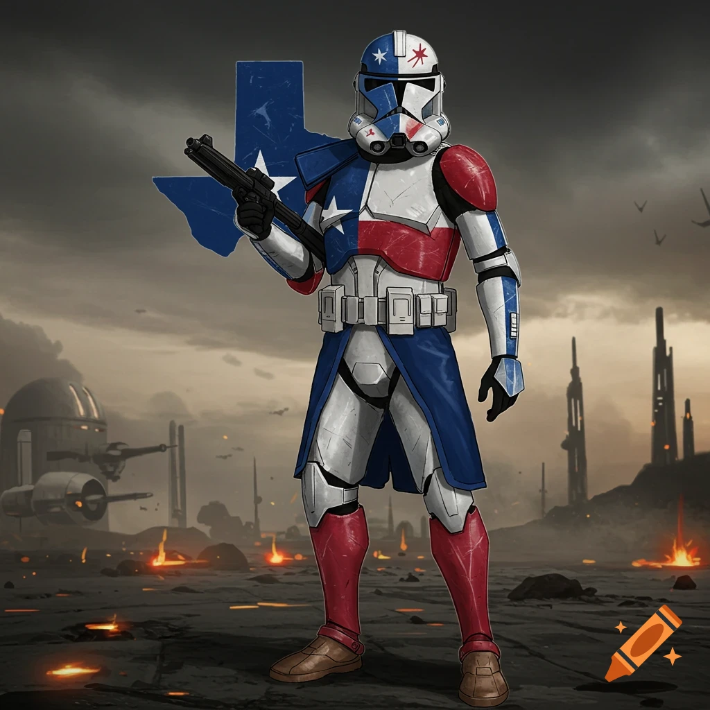 A Star Wars clone trooper in Texas flag colors holds a rifle, standing on a war-torn planet with a Texas state outline.
