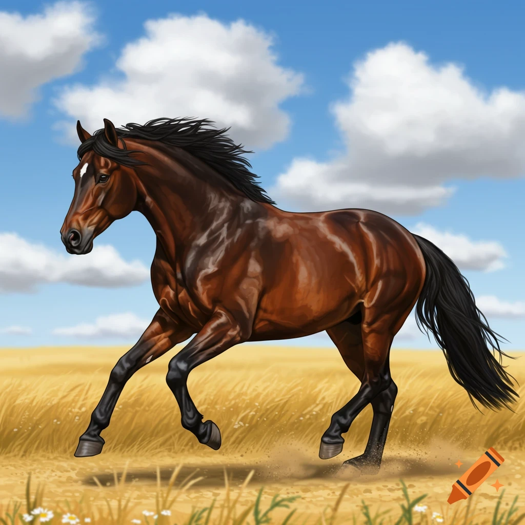 A brown horse with a black mane and tail trots through a golden field under a blue sky with white clouds.