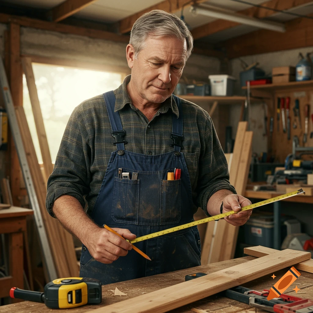 A man in overalls measures a piece of wood in a workshop.