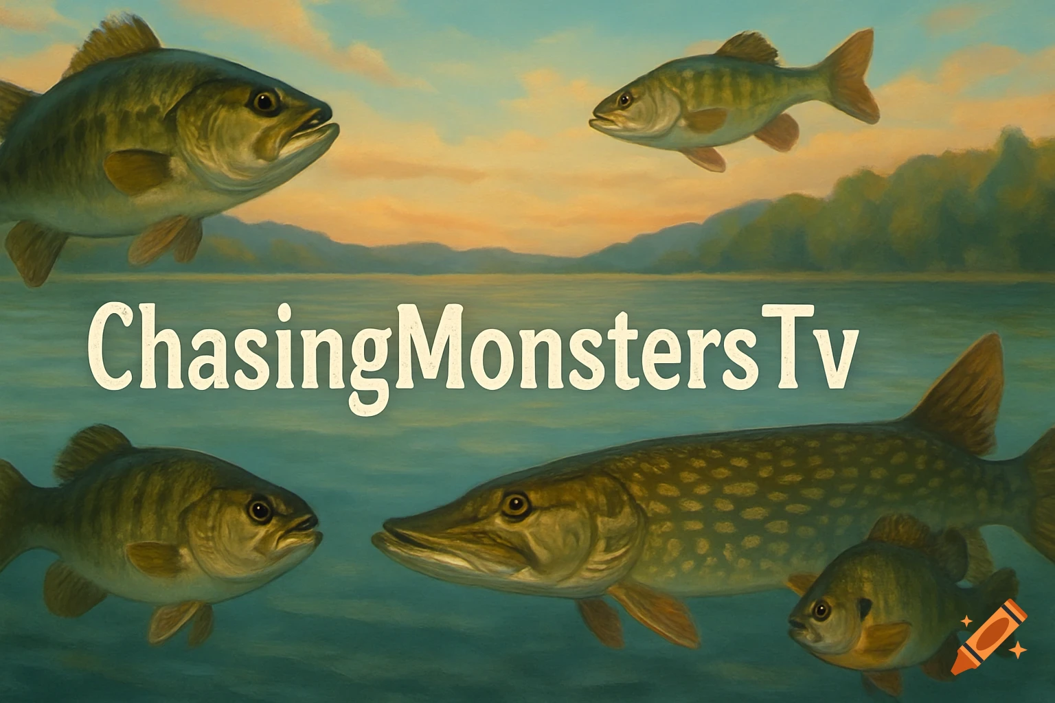 Various fish, including a large pike and bass, swim in a calm lake under a sunset sky, with the text 'ChasingMonstersTv' floating in the center. Painted style.
