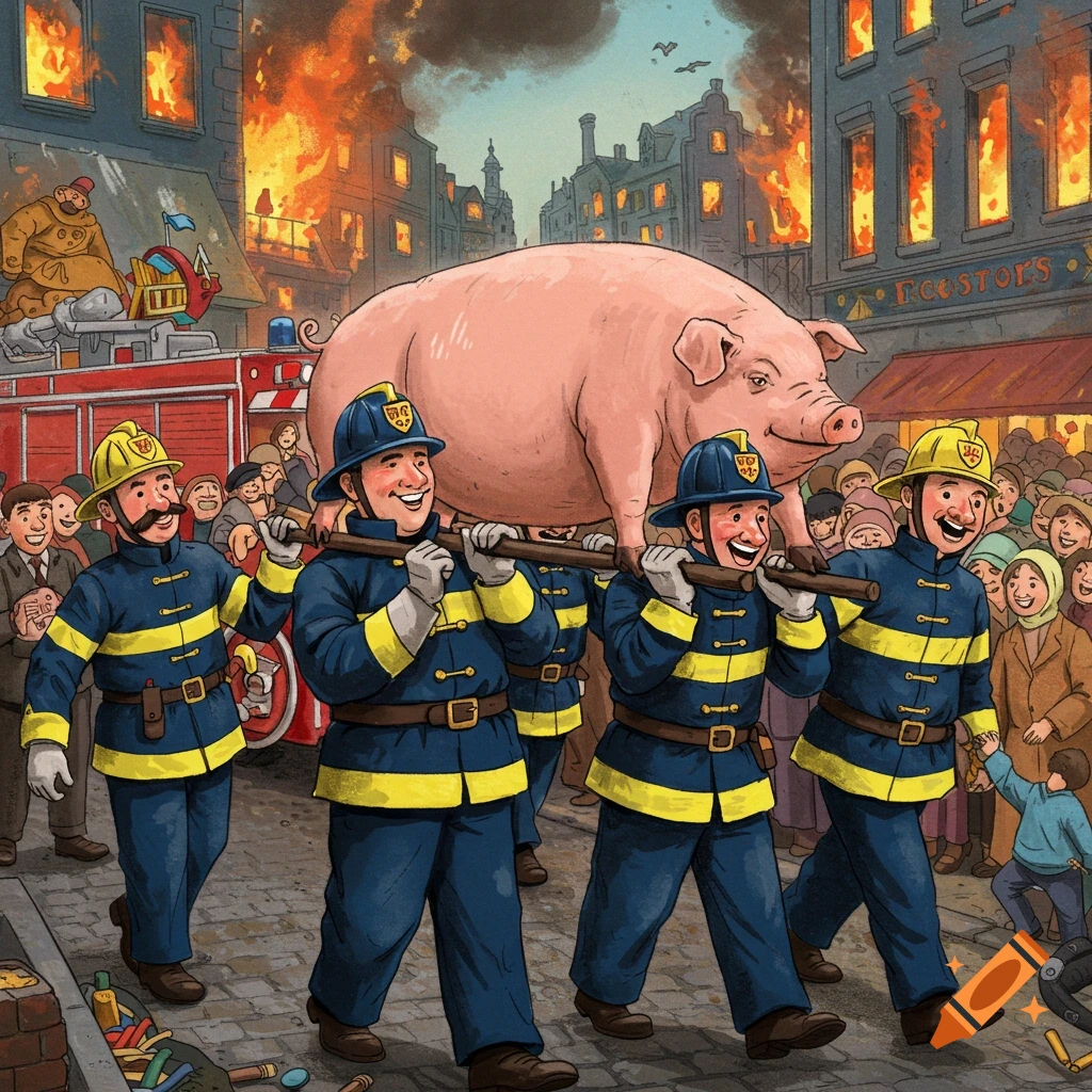 Cartoon illustration of firefighters carrying a large pink pig on a pole through a burning city street as a crowd watches.