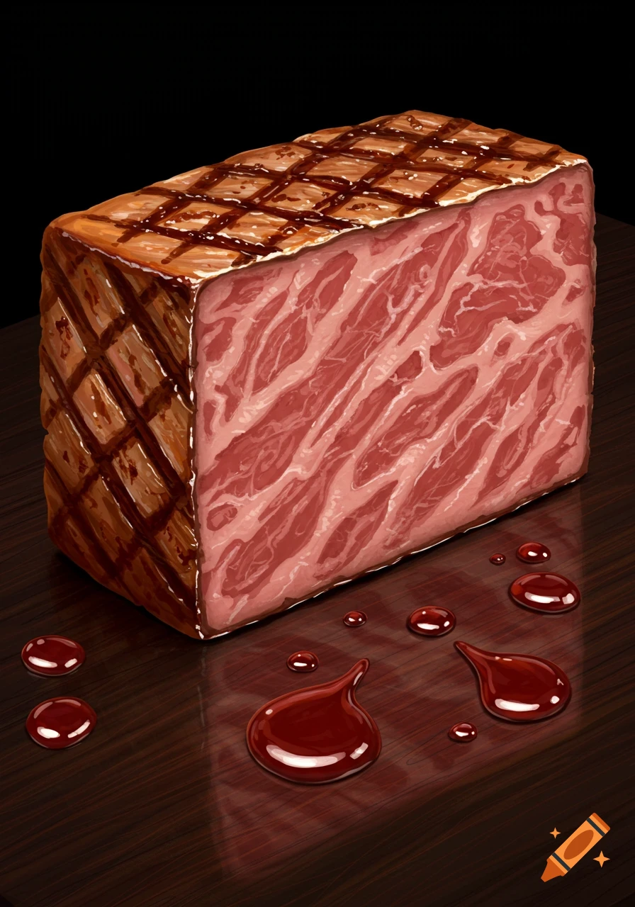 A stylized illustration of a rectangular raw meat block with grill marks and muscle fibers on a dark wooden surface with red droplets.