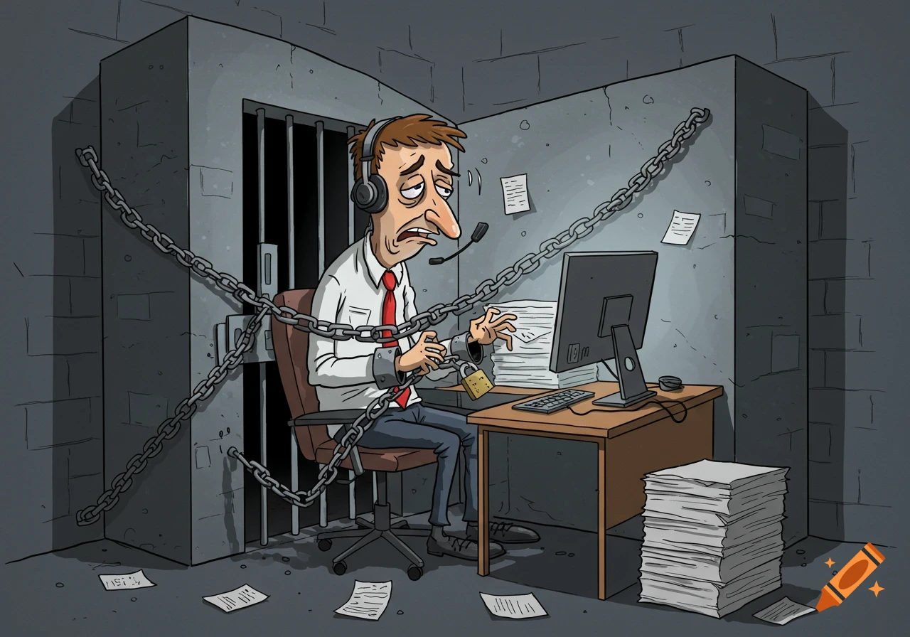 Cartoon of a stressed office worker chained to a desk in a cell-like cubicle with a headset, surrounded by paperwork.