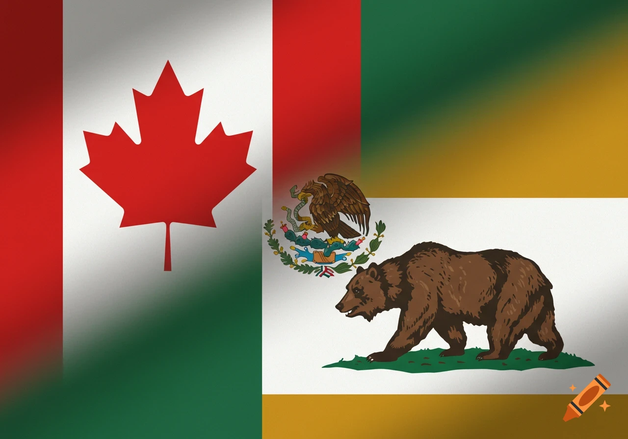A hybrid flag showing elements of the Canadian flag on the left, and the Mexican and California bear flags on the right.
