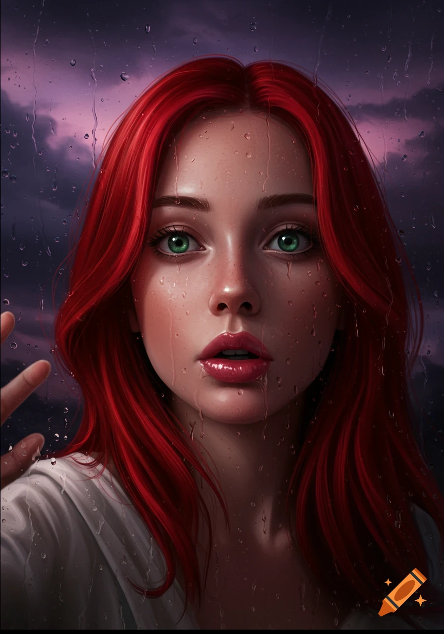 A woman with red hair and green eyes looks through a rainy window, her face pressed against the wet glass. Digital art.