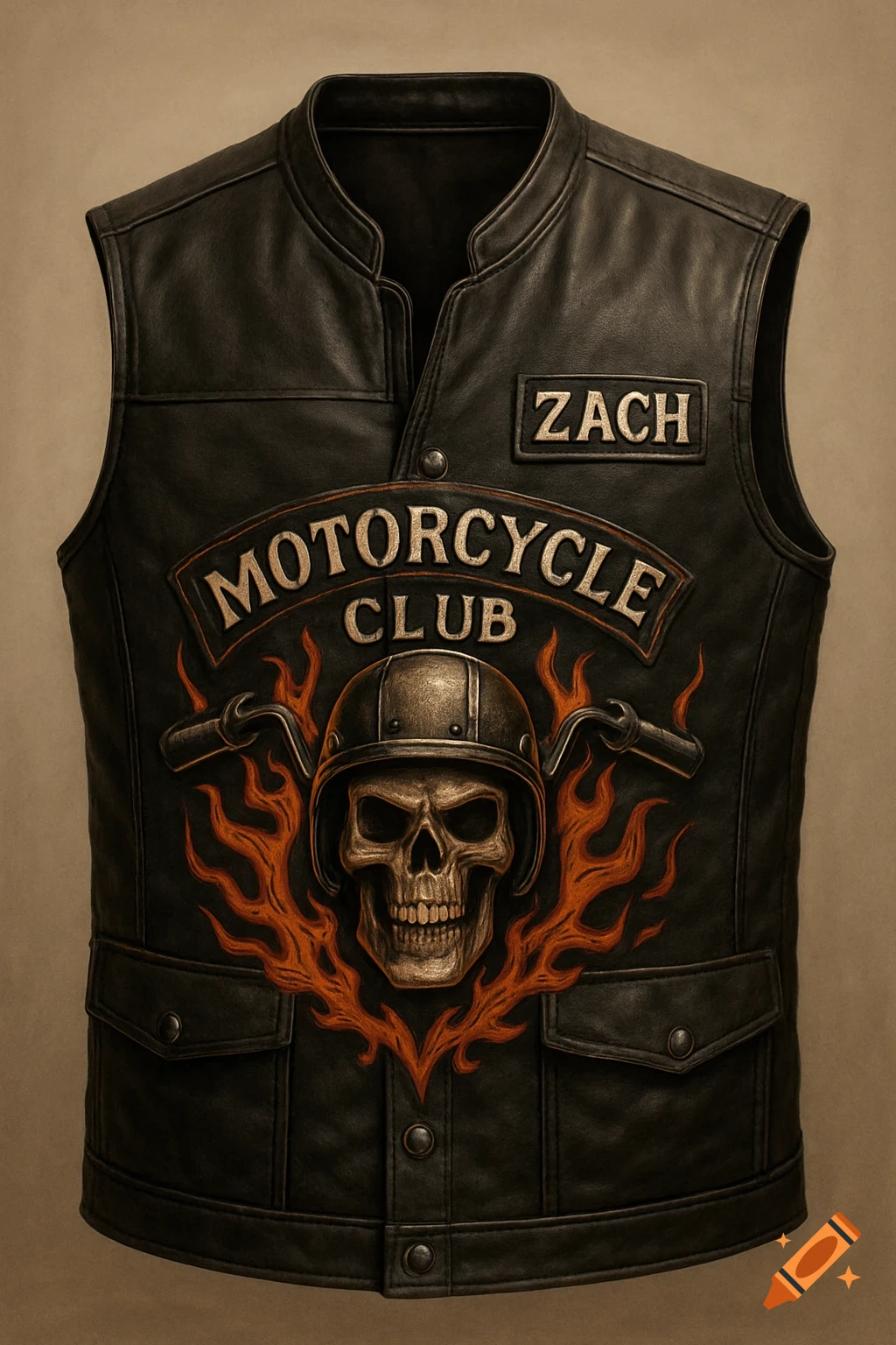 Black leather motorcycle club vest with a skull in a helmet, surrounded by flames. Text reads 'MOTORCYCLE CLUB' and 'ZACH'.