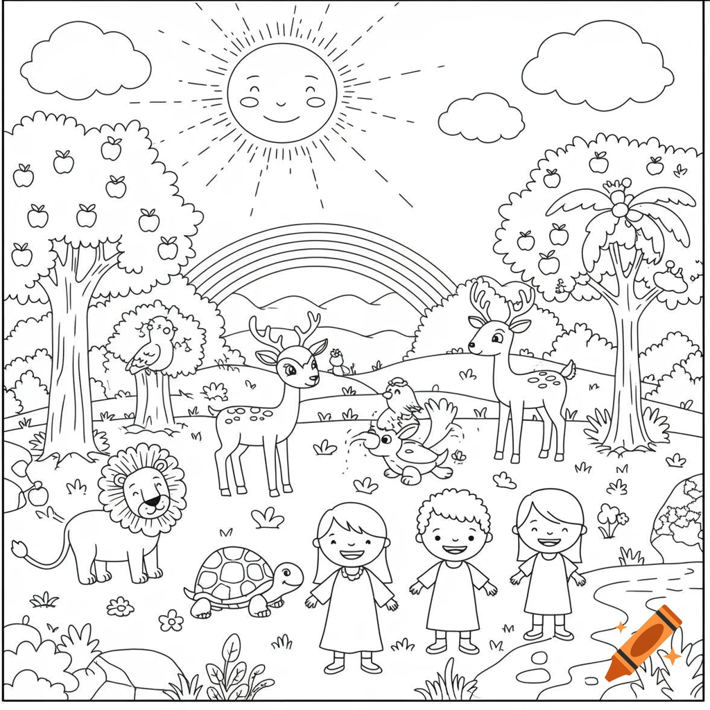 A cartoon black and white coloring page showing a happy sun, two children, a lion, deer, turtle, and various birds and trees in a nature scene with a rainbow and river.