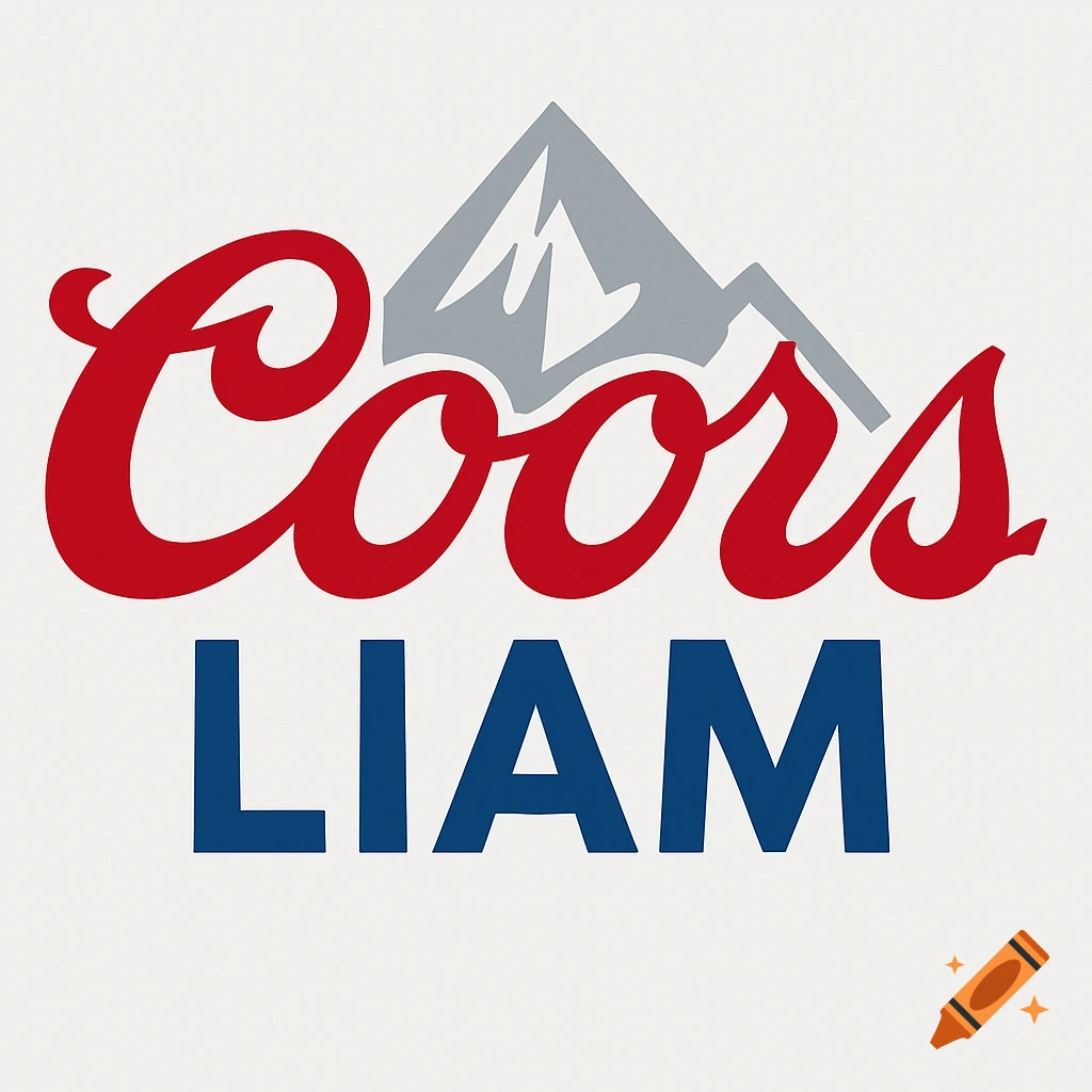 A custom logo resembling Coors beer, with red script 'Coors' above a grey mountain, and blue block letters 'LIAM' below, on a white background.