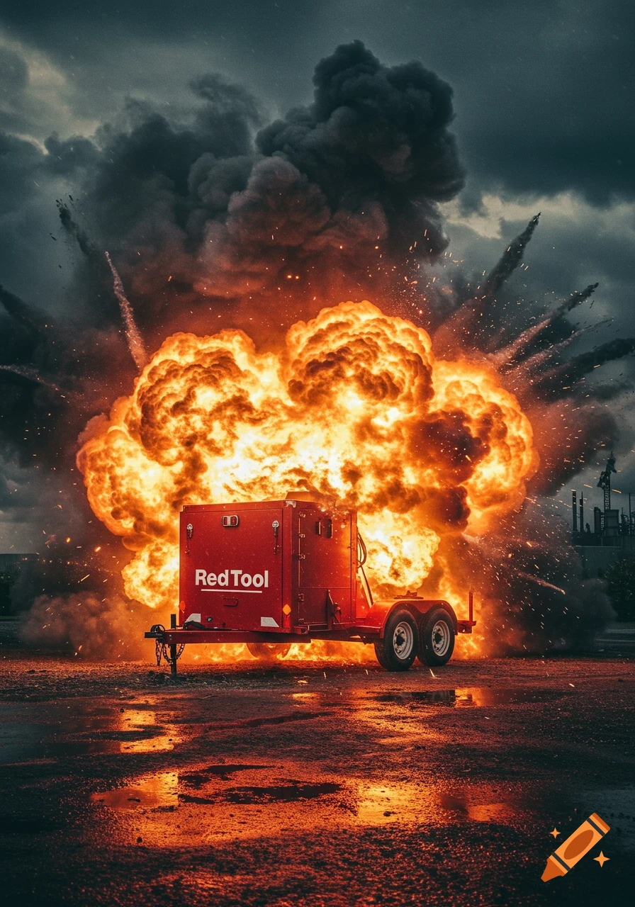 Red trailer engulfed in a massive fiery explosion under dark, stormy skies.