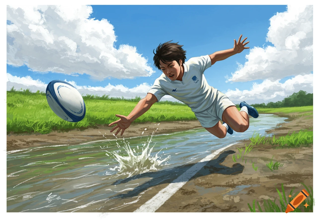 Dynamic illustration of a male rugby player diving to catch a rugby ball over a shallow river.
