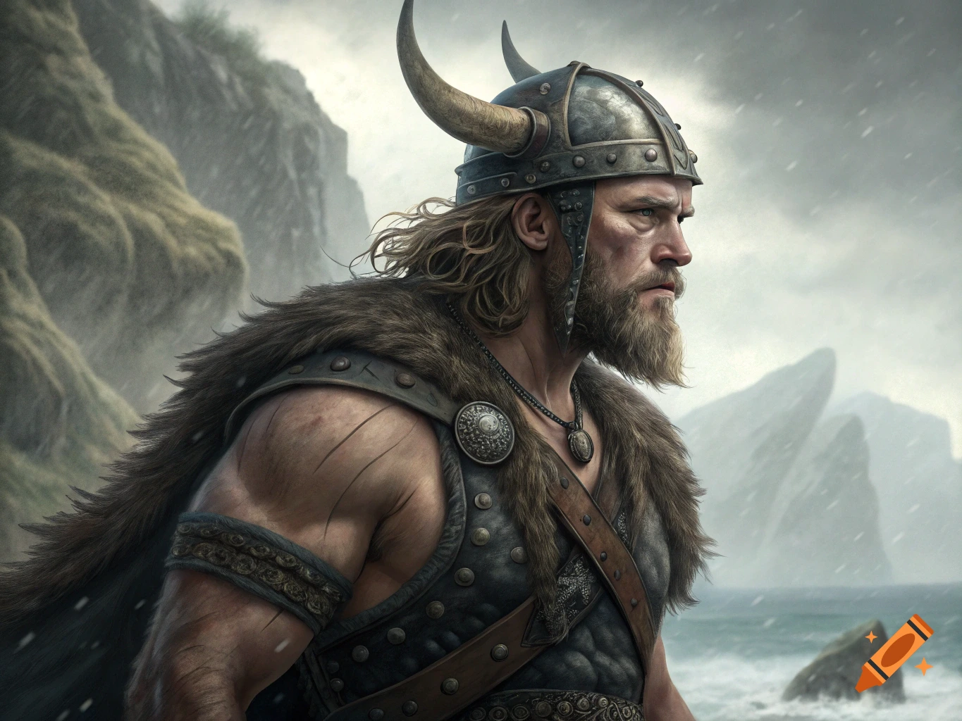Photorealistic portrait of a stoic bearded viking man in a horned helmet and fur cloak, against a stormy coastal landscape.