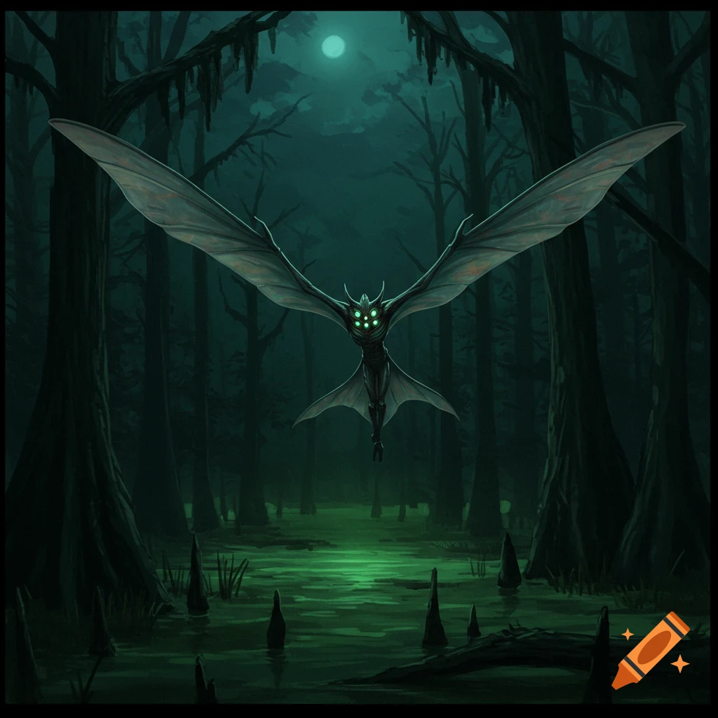 A bat-like creature with six glowing green eyes and large webbed wings flies over a dark, moonlit swamp at night.