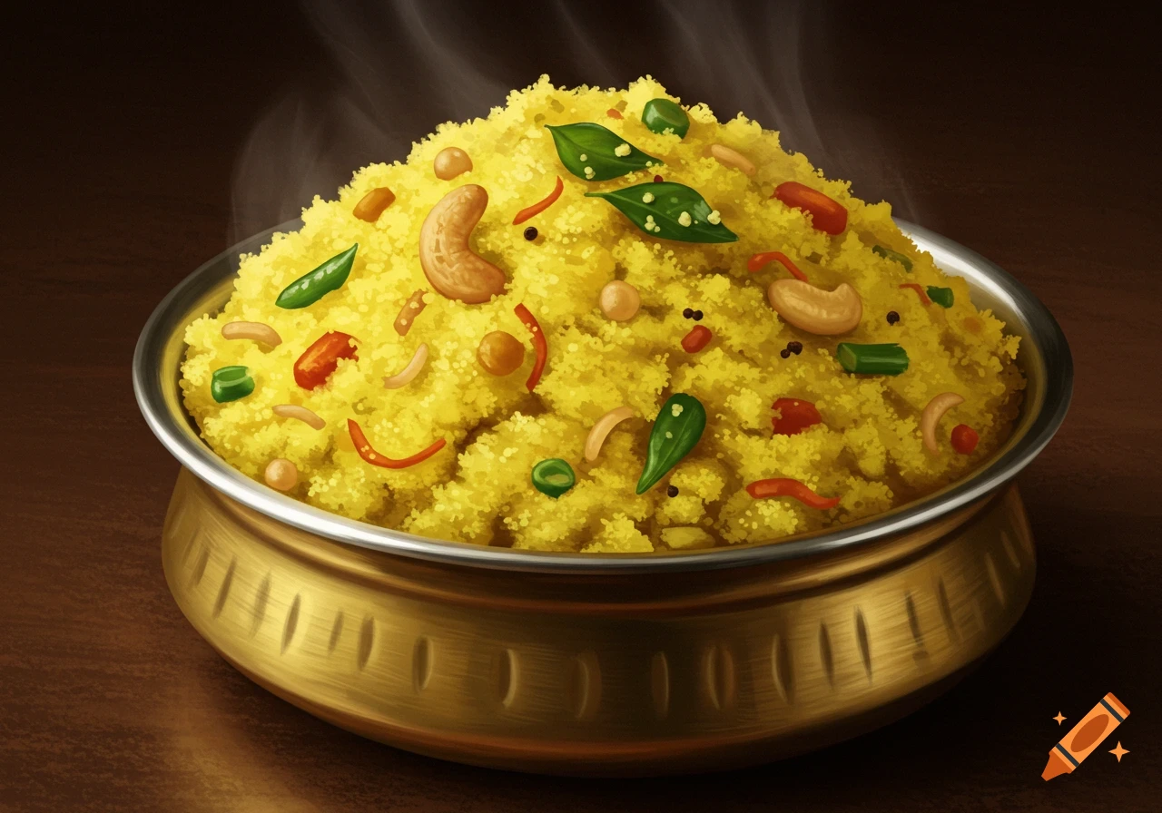 A steaming bowl of yellow upma with cashews, curry leaves, and spices, rendered in a detailed illustrative style.