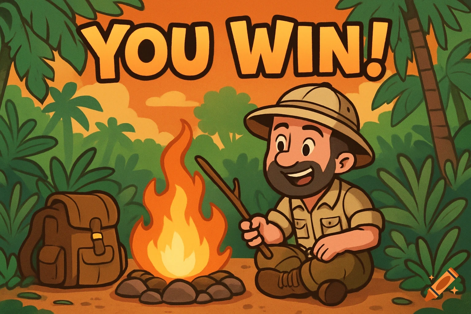 A cartoon jungle explorer sits by a campfire with a backpack, and "YOU WIN!" text above him.