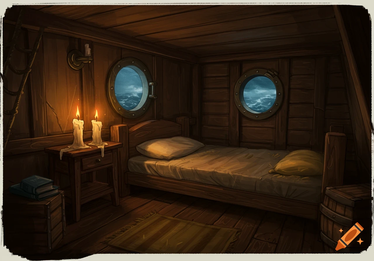 A cozy bedroom on a pirate ship, lit by candles, with porthole windows showing a stormy sea outside.
