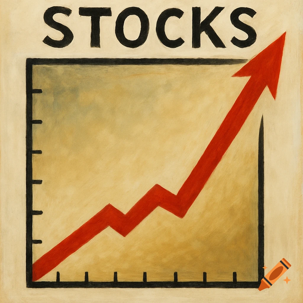 A hand-drawn graph showing a red arrow sharply rising, with the word 'STOCKS' above it.