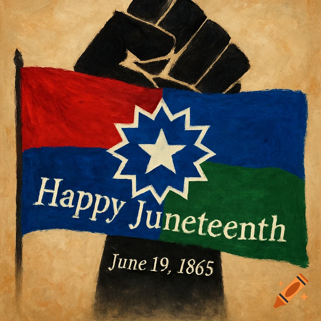 Stylized painting of a Juneteenth flag with 'Happy Juneteenth' and 'June 19, 1865' text, overlaid on a raised black power fist.