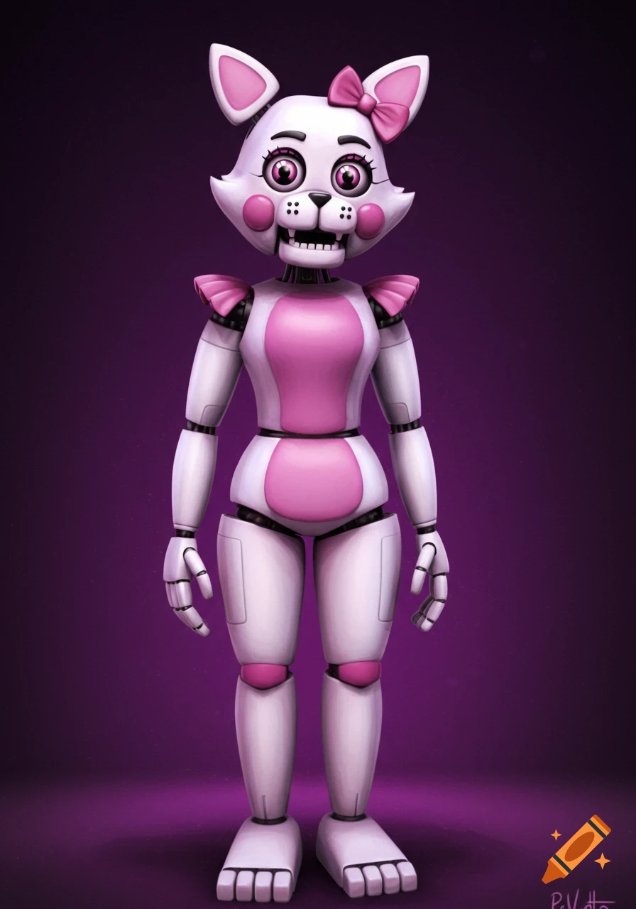 A white and pink animatronic cat, similar to a FNaF character, stands upright against a purple background.