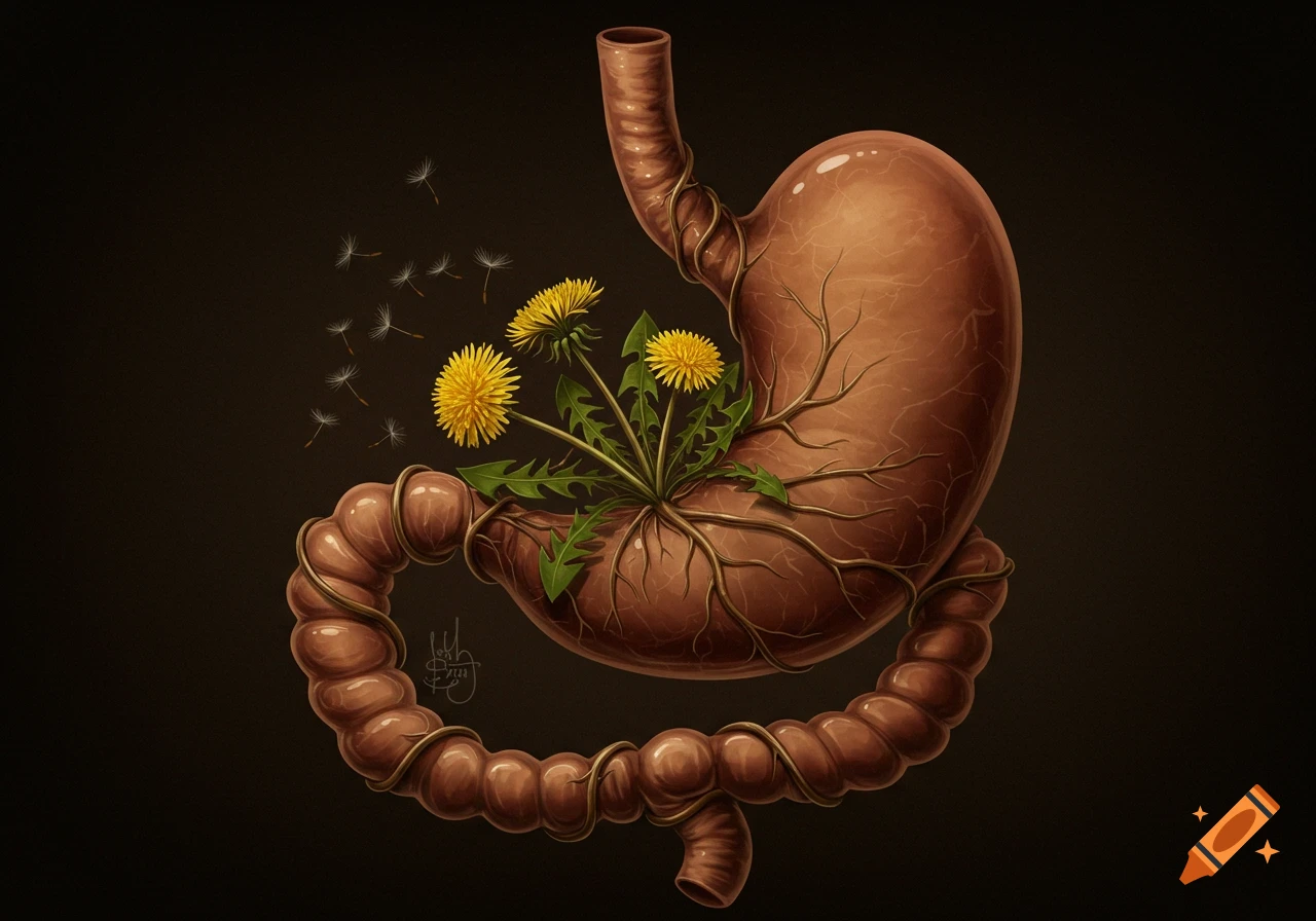 Stylized illustration of a human stomach and intestines with dandelions and their roots growing out, and seeds blowing away.