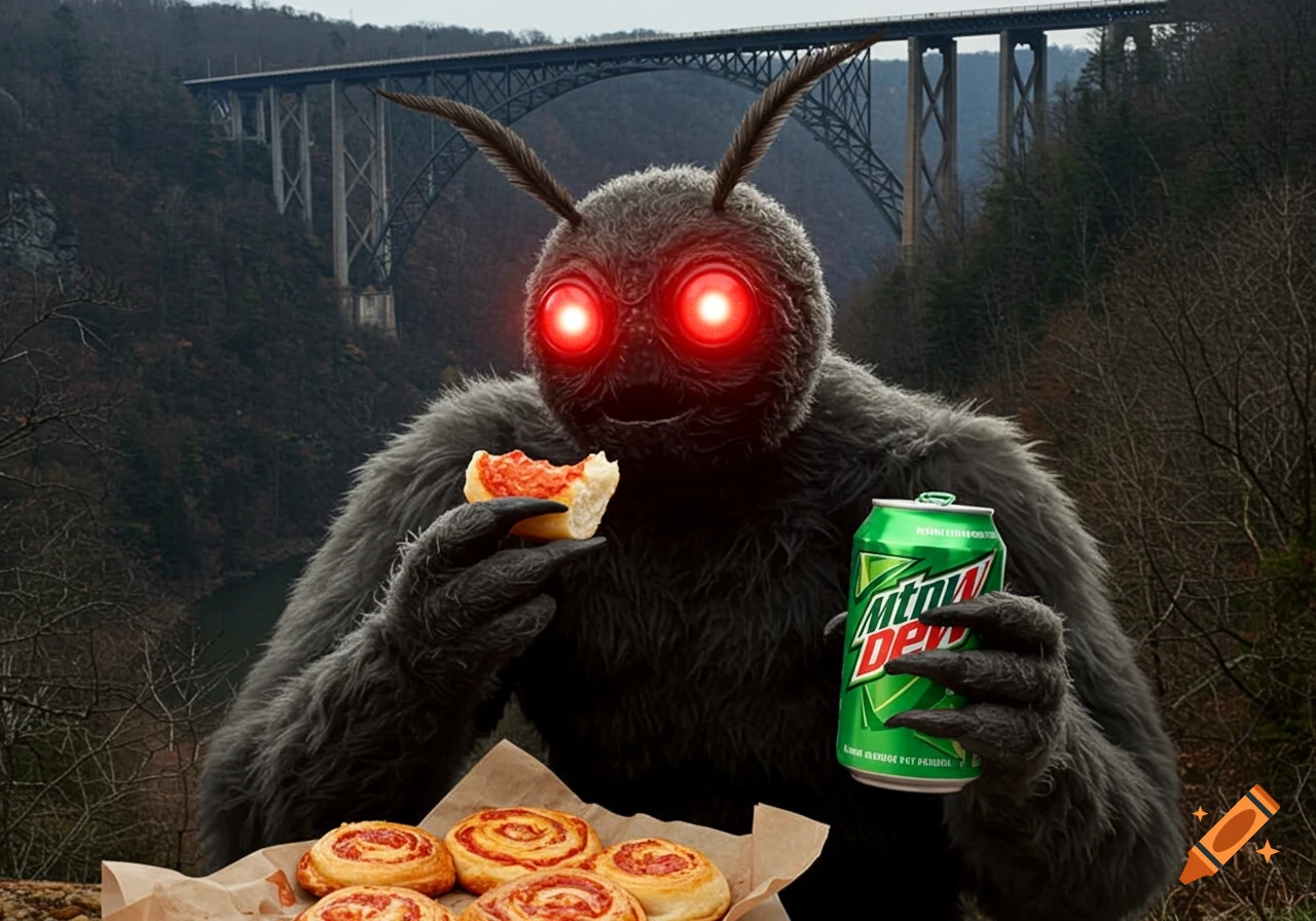 Photorealistic Mothman with glowing red eyes eating pepperoni rolls and drinking Mountain Dew in front of the New River Gorge Bridge.