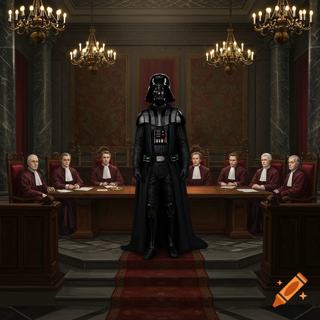 Darth Vader stands in a grand courtroom before a panel of robed judges seated at a long wooden table.