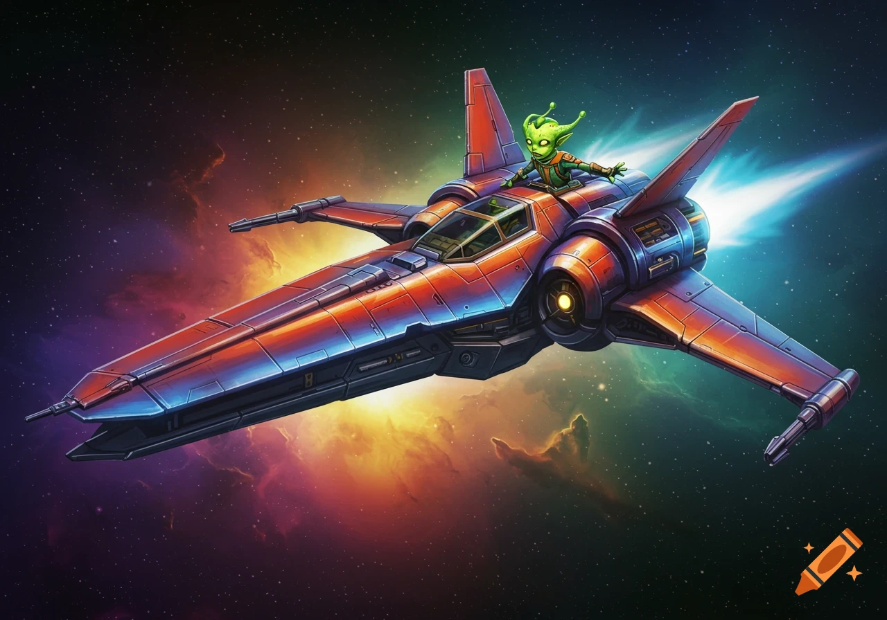 A vibrant illustration of a green alien riding a sleek, colorful space fighter through a cosmic nebula.