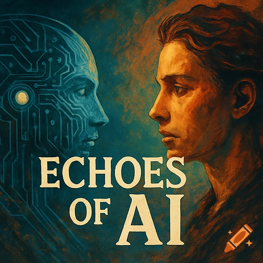 A split image showing a human profile on the right and a blue robotic face with circuit patterns on the left, facing each other. The text 'ECHOES OF AI' is centered below them in a painterly style.