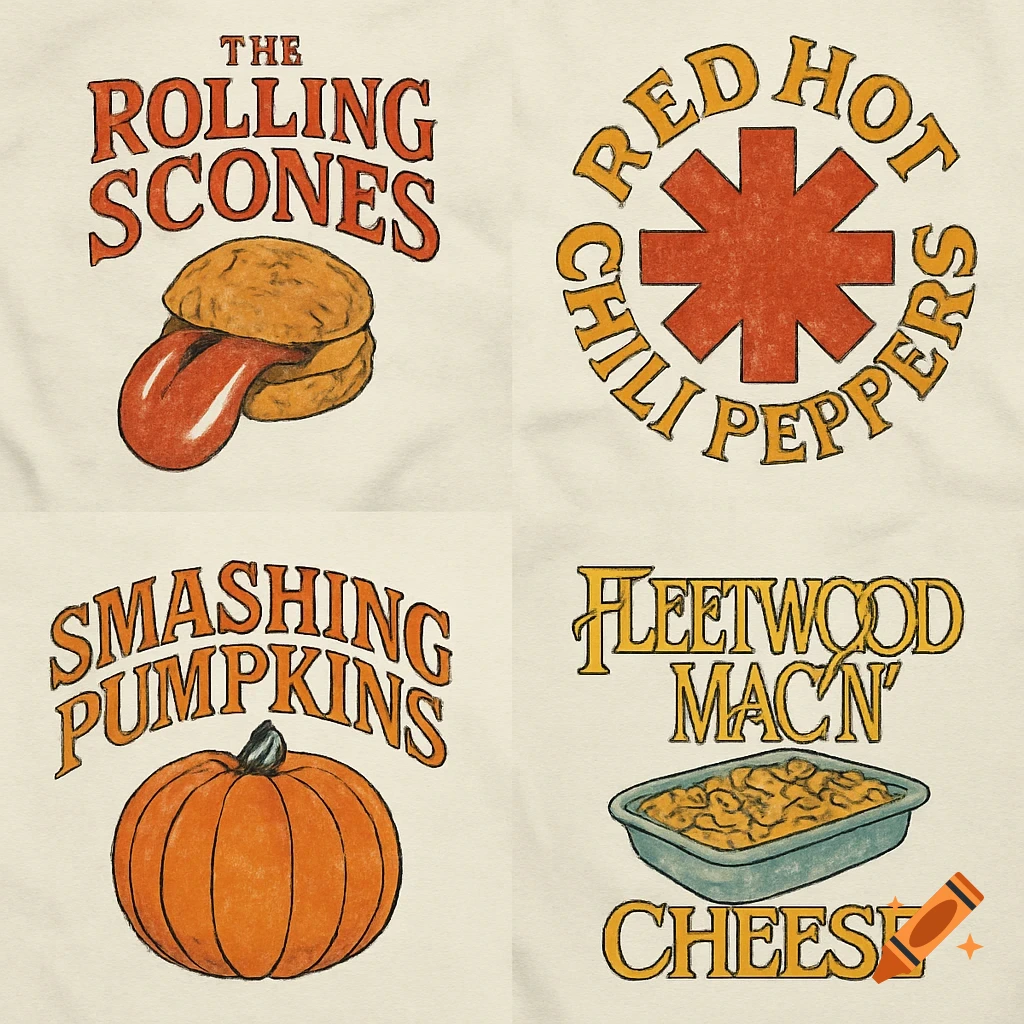 Four retro-style parody band logos: The Rolling Scones with a scone and tongue, Red Hot Chili Peppers logo, Smashing Pumpkins with a pumpkin, and Fleetwood Mac'N' Cheese with macaroni.