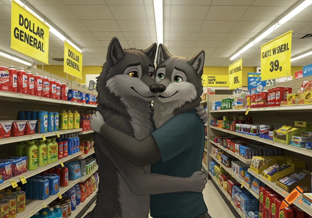 Two anthropomorphic wolves embracing in a supermarket aisle with shelves full of products.