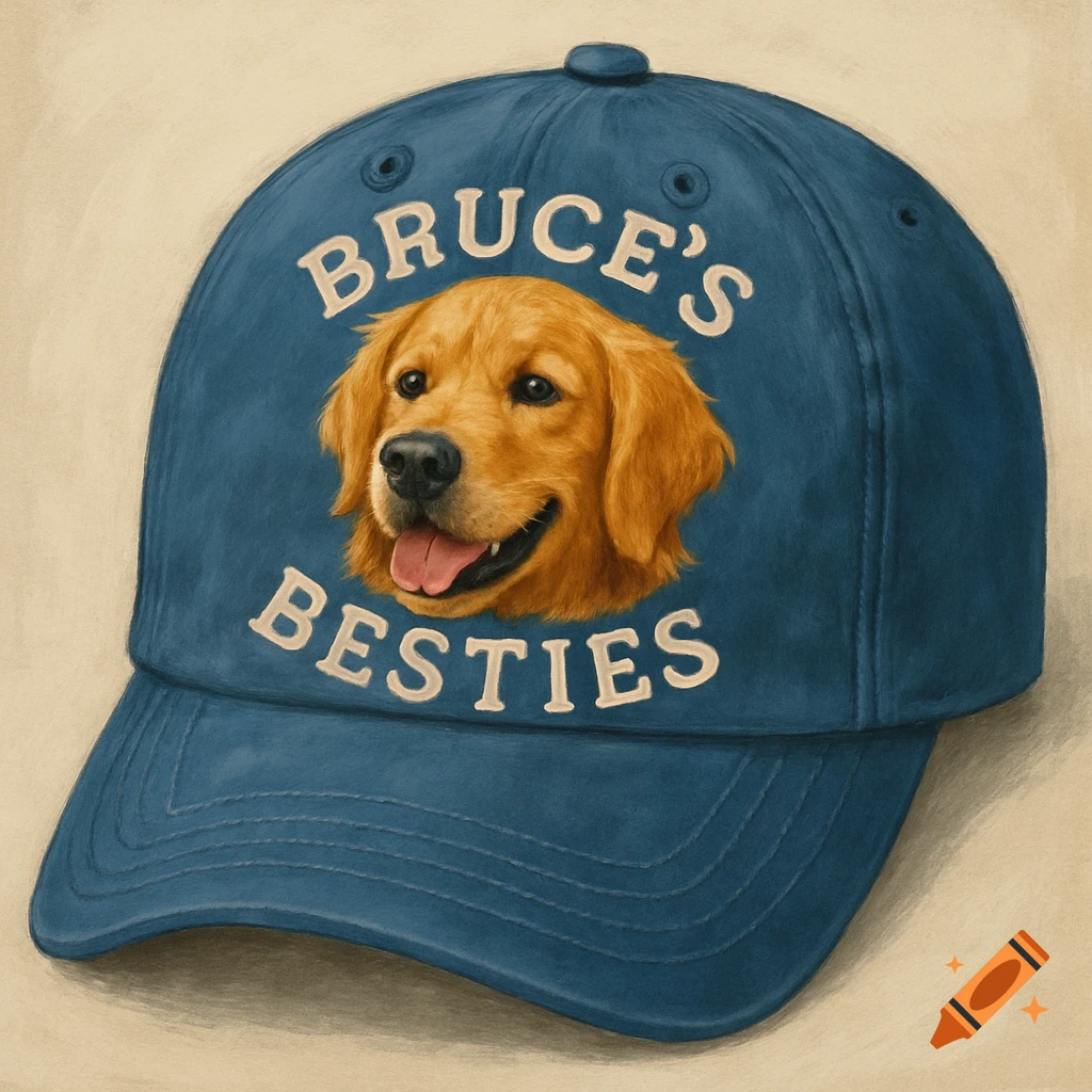 A blue baseball hat features a smiling golden retriever's head, with the words 'BRUCE'S BESTIES' printed in white.