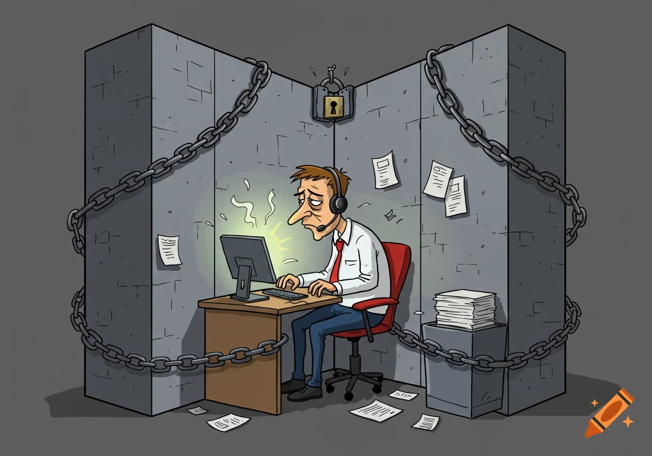 A cartoon of a stressed office worker in a chained cubicle, wearing a headset, working on a flickering computer, surrounded by paperwork.