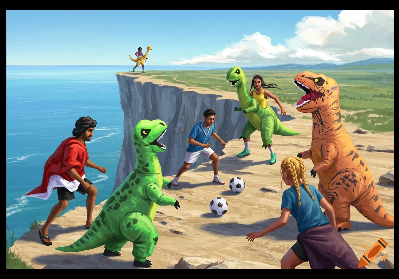 People in inflatable dinosaur costumes playing soccer on a cliff overlooking the ocean.